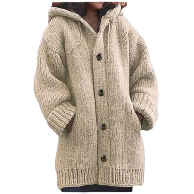 Image of Women&#039;S Hooded Knit Sweater Autumn And Winter Knitted Sweater, Thick Long Sleeve Button Cardigan Jacket, Loose Khaki Large Pocket, Casual Outdoor Christmas New Year Gift,Khaki,Xxl