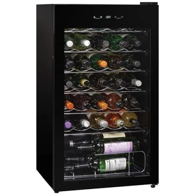 Image of Russell Hobbs Undercounter Fridge 93 Litre/34 Bottle Freestanding Wine &amp; Drinks Beer in Black LED Light, Snacks Glass Door, Energy Efficient, 2 Year Guarantee RH34WC101B