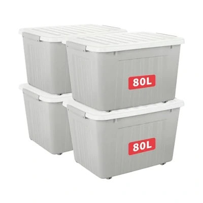 Image of Cetomo 80L*4 Aufbewahrungsboxen mit Deckeln, Kunststoff Aufbewahrungsbox Rollen und Clips, Kunststoffbox für Zuhause Büro, BPA frei, Nestbar, Stapelbar, Grau, 80L 4er Pack