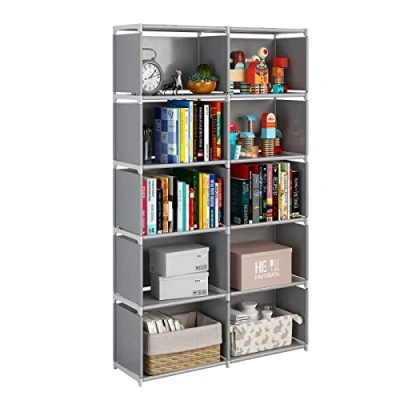 Image of JIUYOTREE 6 Tiers Portable Bookshelf with Fabric Cloth at Back, 10 Cube Closet Storage Organiser Bookcase, Living Room,Study Room,Bedroom, Grey