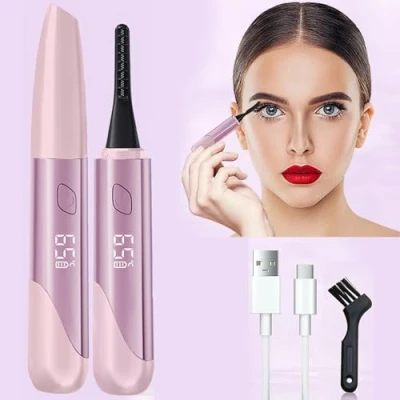 Image of Heated Eyelash Curler, USB Rechargeable Electric 15s Quick Heat, 4 Gear Temperature Control with LED Display Mini Eye Lash Curler for Women Girlsink (Pink)