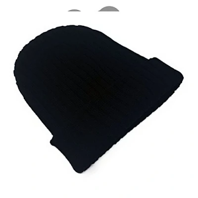 Image of Ribbed Beanie Hat Mens Ladies Womens Unisex Slouch Winter Woolly Turn Up Knitted (Black)