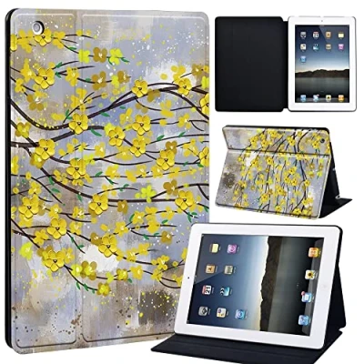 Image of FINDING Case for Apple iPad 2 3 4 Tablet Printed PU Flip Leather Smart Lightweight Shell Stand Cover iPad2 iPad3 iPad4 (iPad 2/3/4, yellow leaf paint)