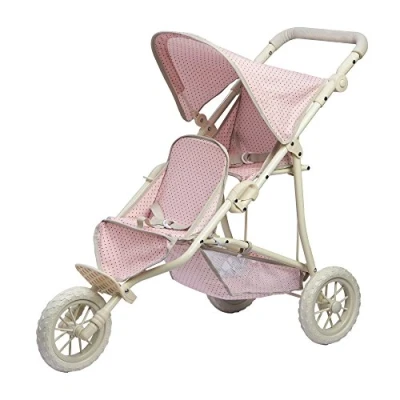 Image of Olivia&#039;s Little World Double Jogging Style Pram for Baby Dolls with Tandem Seating and Stuffed Animals a Retractable Canopy, Storage Basket, All Terrain Wheels, Cream Pink Grey