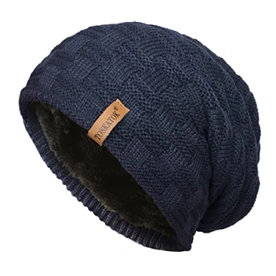 Image of TOSKATOK® Mens Unisex Warm Winter Textured Knit Thermal Insulation Slouch Beanie hat with Cosy Faux Fur Teddy Fleece Liner Navy