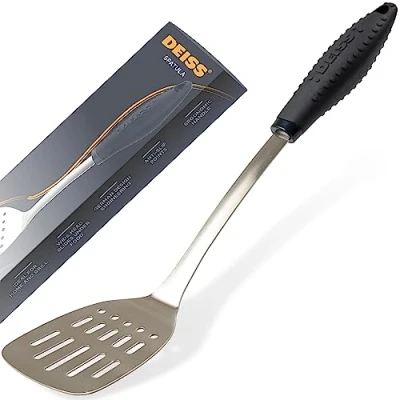 Image of Deiss PRO Kitchen Grill Spatula Stainless Steel Heavy Duty Slotted Turner 14.4&quot; Metal for Cooking, Grilling Spatula, Easy Grip Handle, Design, to Clean (Black)