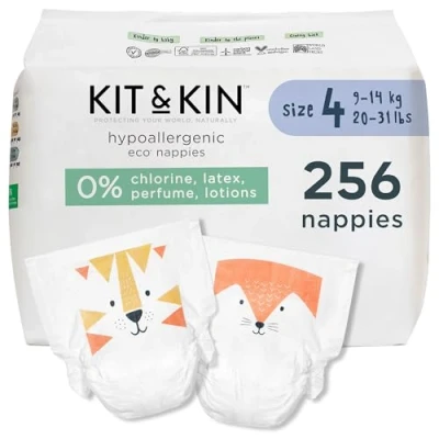 Image of Kit &amp; Kin Premium Eco Baby Nappies Size 4 Plant Based Hypoallergenic Superior up to 12 Hour Leak Protection Vegan Cruelty Free No Harsh Chemicals 9 14 kgs / 20 31 lbs 256