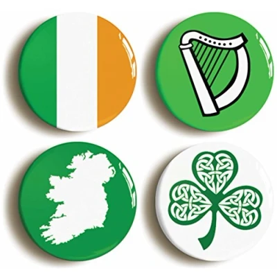 Image of IRELAND BADGE BUTTON PIN SET (Size is 1inch/25mm diameter) ÉIRE IRISH FLAG SHAMROCK CELTIC HARP