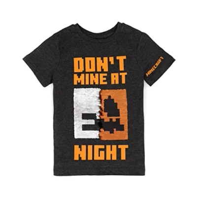 Image of Minecraft Boys Halloween T Shirt Kids Dark Grey Flip Sequin Pumpkin Creeper Villains Graphic Tee Skeleton Seasonal Costume Top Spooky Holiday Gaming Gift for Children
