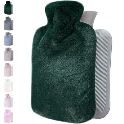 Image of Qomfor Hot Water Bottle with Fluffy Cover Soft Premium Faux Fur 1.8l Large Capacity Bag for Cosy Nights, Pain Relief, Back, Neck and Shoulders Great Gift Women (Green)