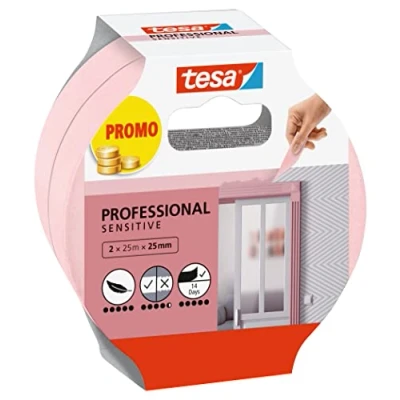 Image of tesa Masking Tape WALLPAPER Thin Painter&#039;s for Precise Suitable Sensitive Interior Surfaces 2x 25 m x mm Pink
