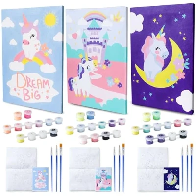 Image of BONNYCO Paint by Numbers for Children Unicorns, Pack 3 Canvases Unicorn Gifts Girls, Craft Kits Kids, Boys Girls Toys, Painting Toys