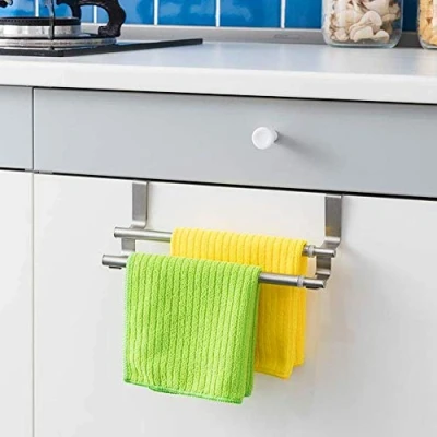 Image of Over Kitchen Cabinet Door Towel Rail Hanger Holder Storage, Bar Bathroom Shelf Stainless Steel Double Pole Bath Rack Hanging Rod No Drilling(Sliver)