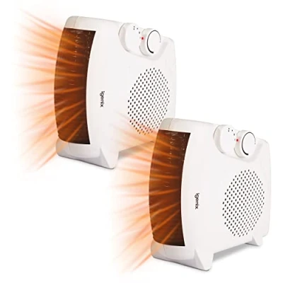 Image of Igenix IG9010/2PACK Flat/Upright Portable Electric Fan Heater with 2 Heat Cool Air Setting, Ideal for Small Rooms, Caravans and Garages, 2000 W, White, Pack of