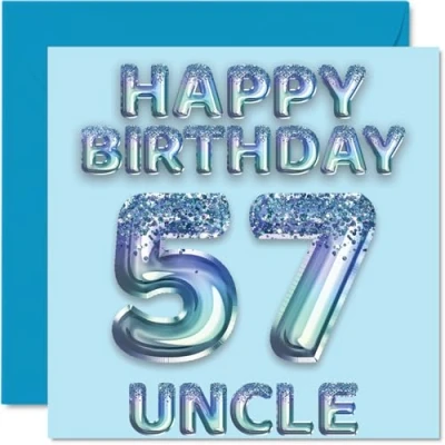 Image of 57th Birthday Card for Uncle Blue Glitter Party Balloons Happy Cards 57 Year Old from Nephew Niece, 145mm x Bday Greeting Gift