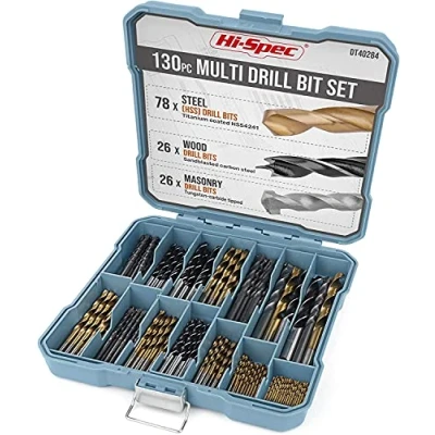 Image of Hi Spec 130pc Mixed Multi Drill Bit Set. 1 to 10mm HSS Titanium Coated, Masonry &amp; Brad Point Steel Bits for Metal, Woods, Plastics, Brick and Concrete. Complete in a Box Case