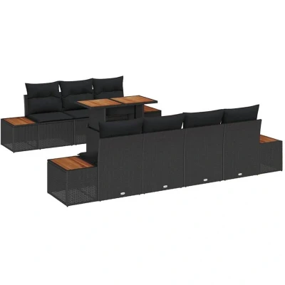Image of vidaXL 8 Piece Garden Dining Set with Cushions Black Poly Rattan Acacia