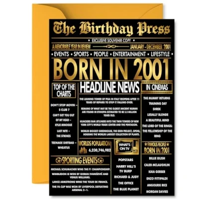 Image of Gold 24th Birthday Card for Men Women Black &amp; Golden Newspaper Born in 2001 Happy 24 Cards Niece Cousin Brother Friend Nephew Auntie, A5 Bday Greeting
