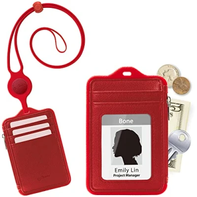 Image of Bone Card Holder ID Lanyard with Strap, 4 Leather, Small Wallet Women&#039;s Zipper Holder, Genuine Leather Vertical (Red)