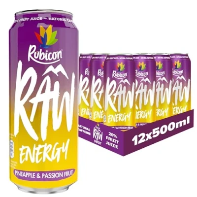 Image of Rubicon RAW 12 Pack Pineapple &amp; Passion 500ml Energy Drink, 20% Real Fruit Juice, High caffeine with B Vitamins, Ginseng Guarana, No Artificial Colours or Flavours, Reduce Tiredness Boost