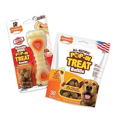 Image of Nylabone Power Chew Souper Bone Pop in Treat Toy with Refills, Dispensing Toys for Dogs, Durable Pouch, Chicken Flavor, Medium/Wolf Up to 35 lbs. (2 Count)