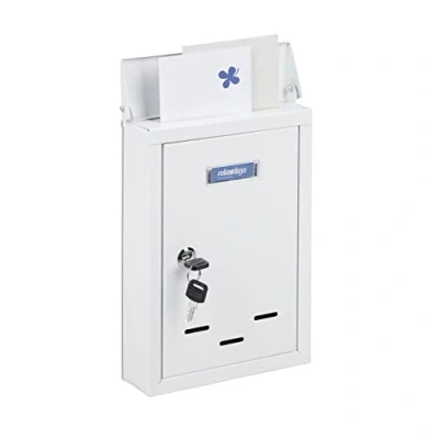 Image of Relaxdays Letter Name Plate, Metal, Lockable, with 2 Keys, Post Box, HWD: 30.5 x 21 7 cm, Wall Mounted, White, Iron