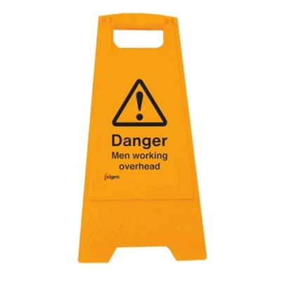 Image of Warning Signs Danger men working overhead (free standing floor sign) Yellow Polypropylene