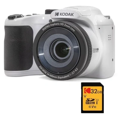 Image of KODAK Pixpro Astro Zoom AZ255 + SD Memory Card 32GB Digital Bridge Camera 16MP 25x Video HD 1080p Wide Angle 24mm LCD Display 3 AA Battery White