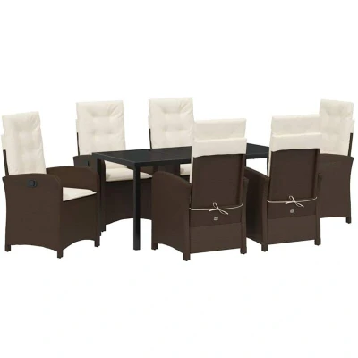 Image of vidaXL 7 Piece Garden Dining Set with Cushions Brown Poly Rattan