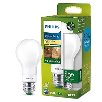 Image of Philips Ultra Efficient Energy Saving Lights, LED Light Source, 60W, E27, A60, Frosted Glass, Warm White Light, 2700 Kelvin, dimmable