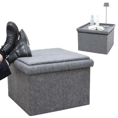 Image of DuneDesign 3 in 1 Felt Sofa Stool with Tray 56x56x40 Grey Ottoman Storage Box Foldable Foot Seat Footstool Coffee Table Large Blanket Toy Bedroom