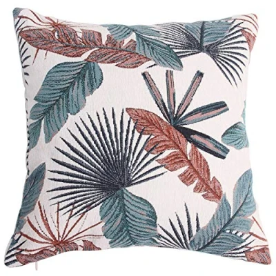 Image of Yeiotsy Cushion Cover, Tropical Leaf Decorative Pillow Case Jacquard Chenille Cover for Sofa Chair Bed(Teal &amp; Red)