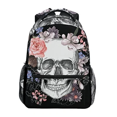 Image of Jeansame Backpack School Bag Laptop Travel Bags for Kids Boys Girls Women Men Skulls Halloween Floral Flowers Autumn Fall