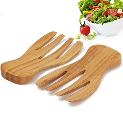Image of Salad Hands Tosser Servers Tongs Bamboo Kitchen Helper Pack of 2