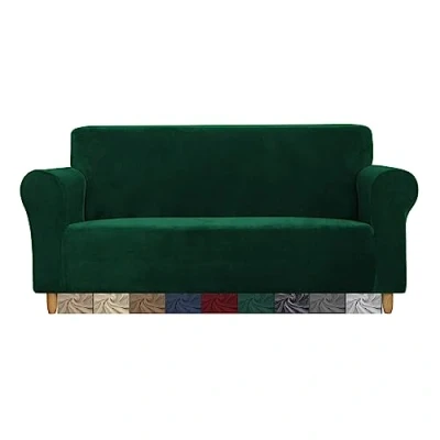 Image of CMAKER Velvet Sofa Covers Couch Cover 2 Seater Stretch with Non Slip Elastic Bottom Furniture Protector Slipcovers for Pets(2 Seater,Dark Green)