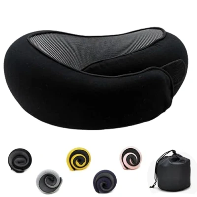 Image of Flyhugz Neck Pillow,Adjustable Travel Pillow Made of Memory Foam Cotton Support Pillow, Foldable U shaped Snap Practical Ergonomic Pillow,black