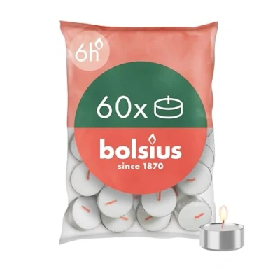 Image of Bolsius D Light Tea Lights Pack of 60 in Bag Length Burning Time 6 Hours Decorative Household Candles White Contains Natural Plant Wax Without Palm Oil