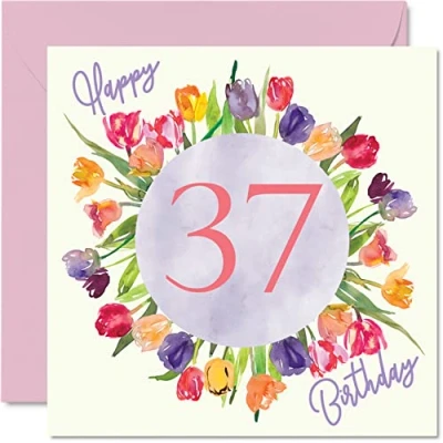 Image of Beautiful 37th Birthday Cards for Women Watercolour Tulips Flowers Bouquet Happy Card Her Daughter Auntie Sister Friend Gifts, 145mm x Lovely Floral Greeting Gift