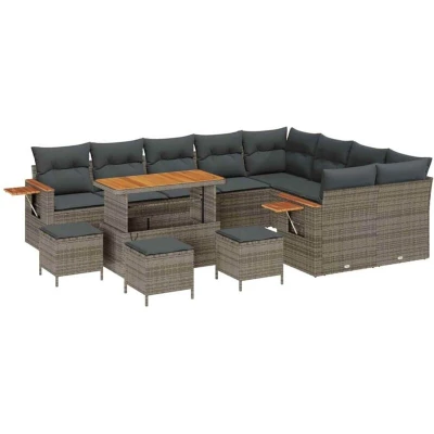 Image of vidaXL 13 Piece Garden Sofa Set with Cushions Grey Poly Rattan Acacia