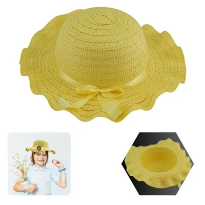 Image of Easter Bonnet for Kids with Ribbon Straw Woven Colourful Decorative Hat Ideal to Decorate School Parade Great Accessory seasonal celebrations Size 29cm (Yellow Bonnet)