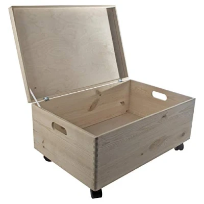 Image of Extra Large Underbed Wooden Storage Box 59 x 39 28 cm Hinged Lid, Cut out Handles &amp; Wheels Memory Keepsake Chest Unpainted Plain Pine to Decorate Craft