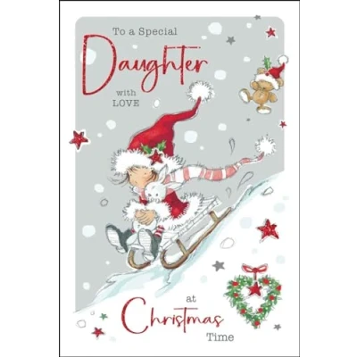 Image of Daughter Christmas Card Special Girl Sledging in the Snow Artistic Festive Design Finishes and Illustrated Insert Leaf Made UK