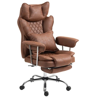 Image of HOMCOM Executive Office Chair, Leathaire Reclining Computer Desk Chair with Lumbar Support Pillow, High Back, Footrest, Silent Swivel Wheels, Armrest, Height Adjustable for Home, Dark Brown