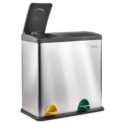 Image of VonHaus Kitchen Bin, 36L Double Recycling Bin for Kitchen, Stainless Steel Compartment Food Waste with Non Slip Base &amp; Removable Inner Bins, 2 x 18L Colour Coded Airtight Pedal