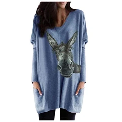 Image of KaloryWee Women Long Sleeve Tops Bee/Donkey Printed Loose Pullover with Pockets,Ladies Autumn/Winter Casual Blouse Sale S 3XL
