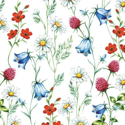 Image of Ambiente 3 Ply Printed Paper Napkins Mixed Wild Flowers White, Pack of 20 33 x 33cm