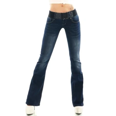 Image of Red Seventy Women&#039;s Stretch Denim Skinny Boot Cut Jeans Pants Blue Faded with Belt UK 6 14 (8, WT359)