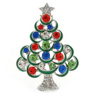 Image of Avalaya Holly Jolly Red, Green, Clear, Blue Austrian Crystals Christmas Tree Brooch in Silver Tone 50mm L