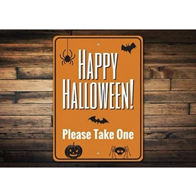Image of Bonoff Happy Halloween! Please Take One Farmhouse Poster, Housewarming Gift, Rustic Wallign Plaque Vintage Decor Poster Wall Art Metal Sign 8X12 Inches