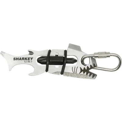 Image of True Utility 12 In 1 Sharkey Multi Tool EDC Pocket Keyring Multitool, Box Cutter Knife, 6 Screwdrivers, Flight Safe Line Fishing Cutter, Bottle Opener &amp; File Carabiner
